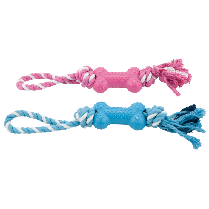 Nayeco Kødben Med Tofarvet Reb, Hvalpe legetøj 32cm, Ass farve