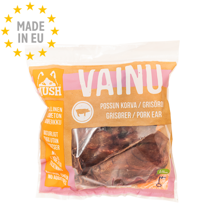 MUSH Vainu Natural Hundesnack Tørrede sprøde Griseøre 200g