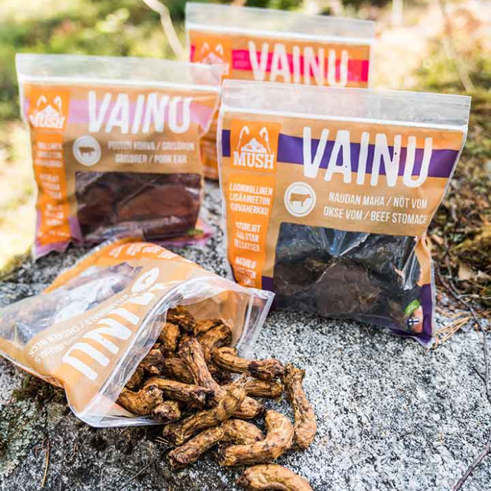 MUSH Vainu Natural Hundesnack Tørrede sprøde Oksekallun / Oksevom 180g