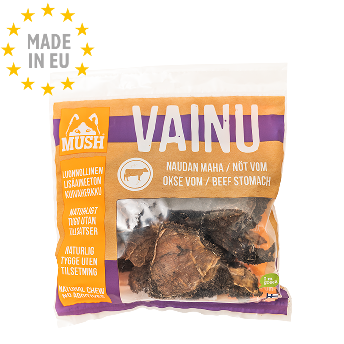 MUSH Vainu Natural Hundesnack Tørrede sprøde Oksekallun / Oksevom 180g
