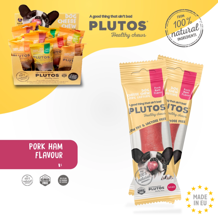 Plutos Healthy chews 100 % Naturlig Tandrendende Oste tyggeben m. Skinke smag Small