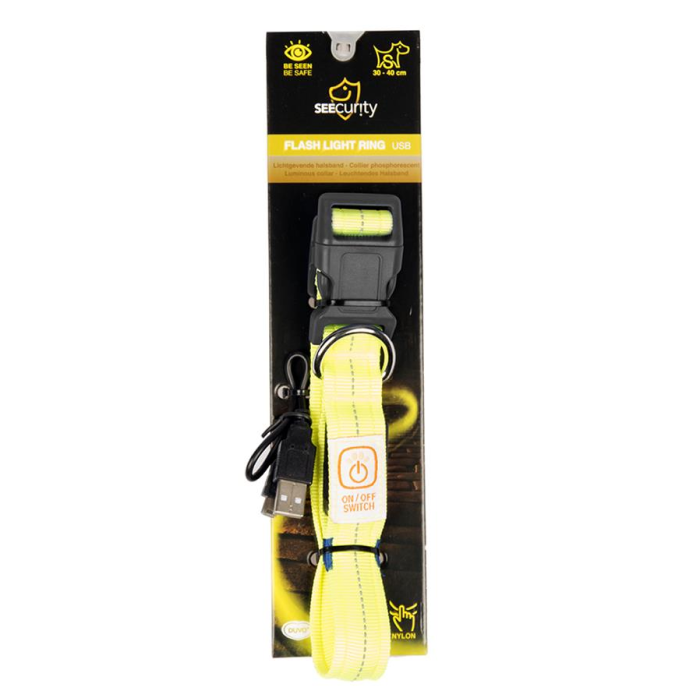 Duvo Flash LED Hunde Halsbånd med USB Opladning Nylon 40-55cm x 2,5 cm, Gul