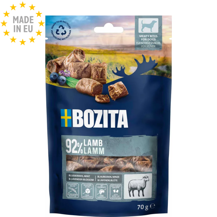 Bozita Meaty Bites Lam Kornfri, Naturlig Godbid til hund 92 % Kød, 70 g, Fra EU