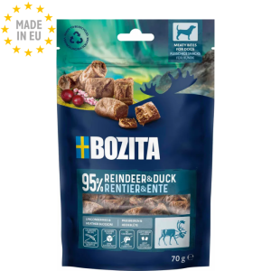 Bozita Meaty Bites Rensdyr & And Kornfri, Naturlig Godbid til hund 95 % Kød,70 g, Fra EU
