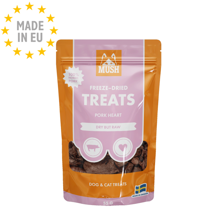 MUSH Freeze Dried - Frysetørret Godbid til Hund for mere Smag med Grisehjerte 55g