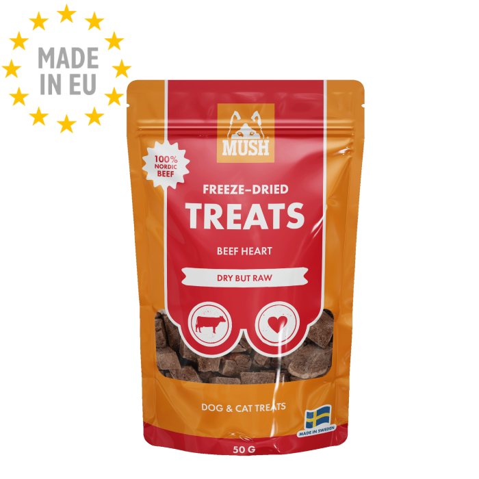 MUSH Freeze Dried - Frysetørret Godbid til Hund & Kat for mere Smag med Oksehjerte 50g