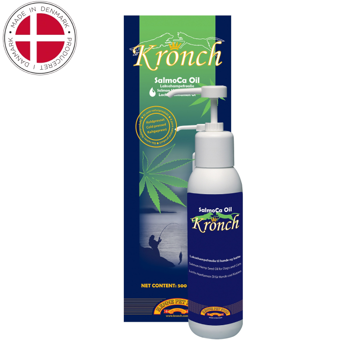 Kronch SalmoCa - lakseolie & hampefrøolie Tilskud til hund 500 ml, DK