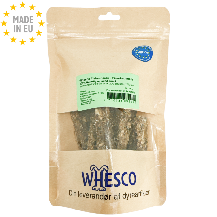 Whesco Fiskekøds sticks Naturlig snack til Hund (torsk/hvidfisk/laks)100g, EU