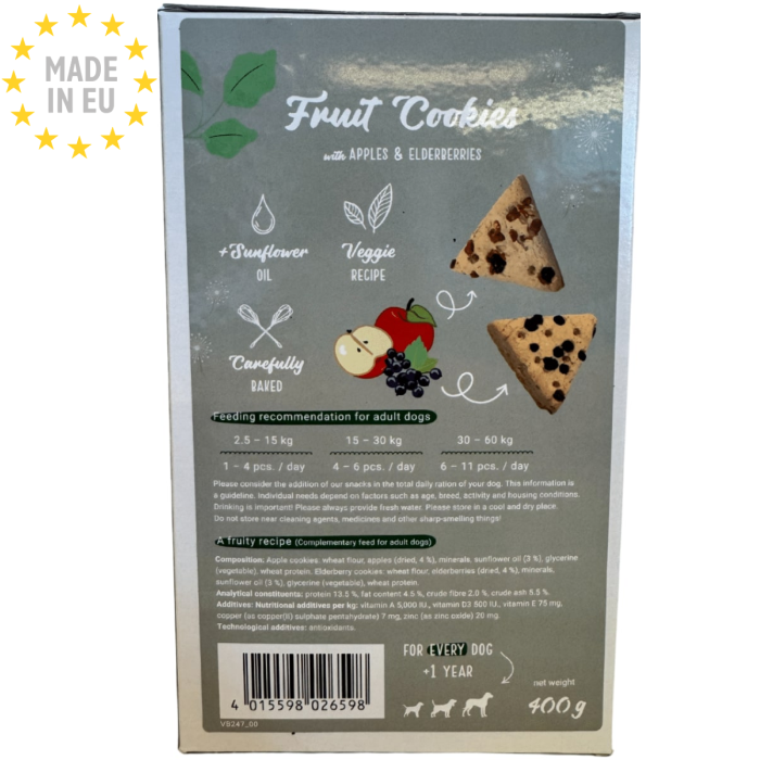 Chicopee Fruit Cookies, lækre og sprøde hundekiks med smag af Æble og Hyld, 400g, EU