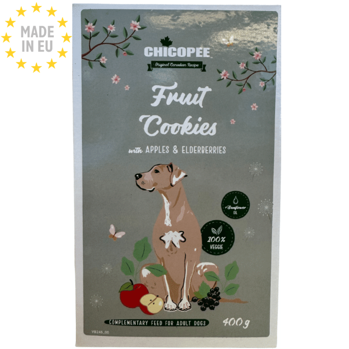 Chicopee Fruit Cookies, lækre og sprøde hundekiks med smag af Æble og Hyld, 400g, EU