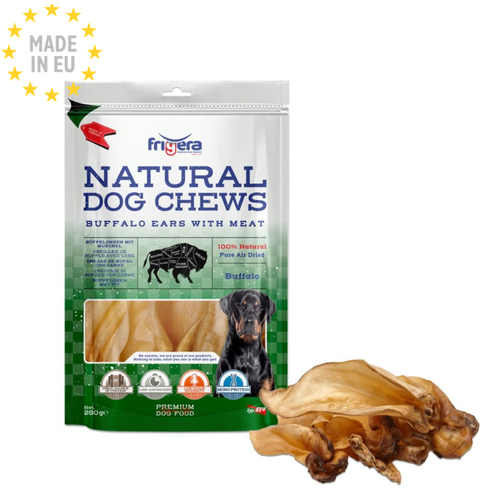 Frigera Natural Bøffelører m. muskel Lav Fedt, Hundesnack, 250g, EU