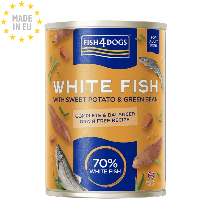 Fish4Dogs Finest White Fish with Sweet Potato & Green Beans Vådfoder til hund, Hvidfisk 395g, EU