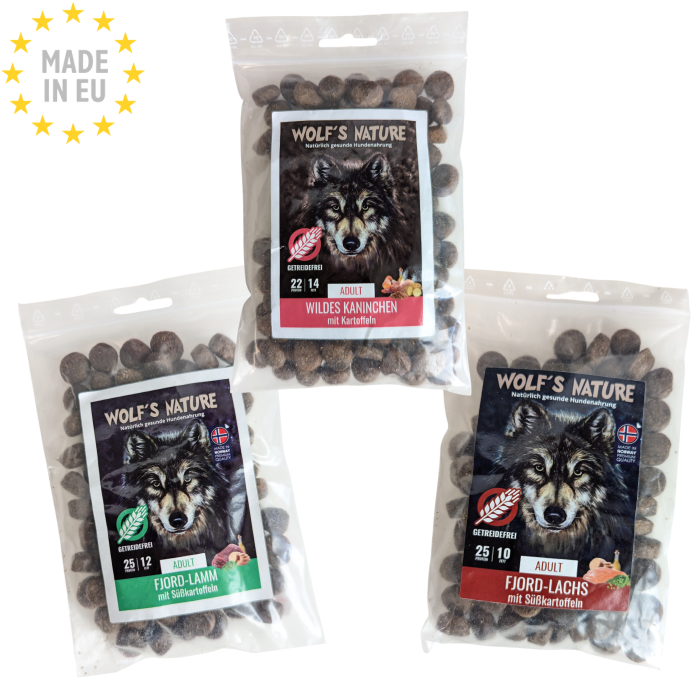 Wolf's Nature FODERPRØVE Test din hund Hundefoder Kornfri GF, 100g, EU