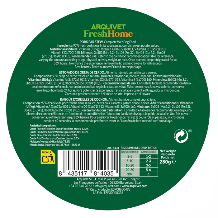 Arquivet Fresh Stew Komplet Kornfri Vådfoder Måltid til Hund, Griseøre, 280g, EU