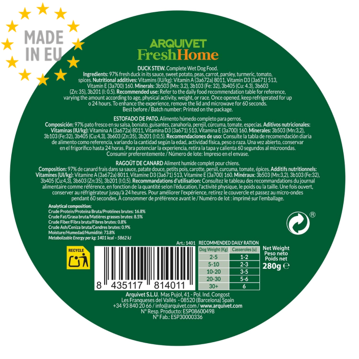 Arquivet Fresh Stew Kornfri Monoprotein Vådfoder til Hund, And, 280g, EU