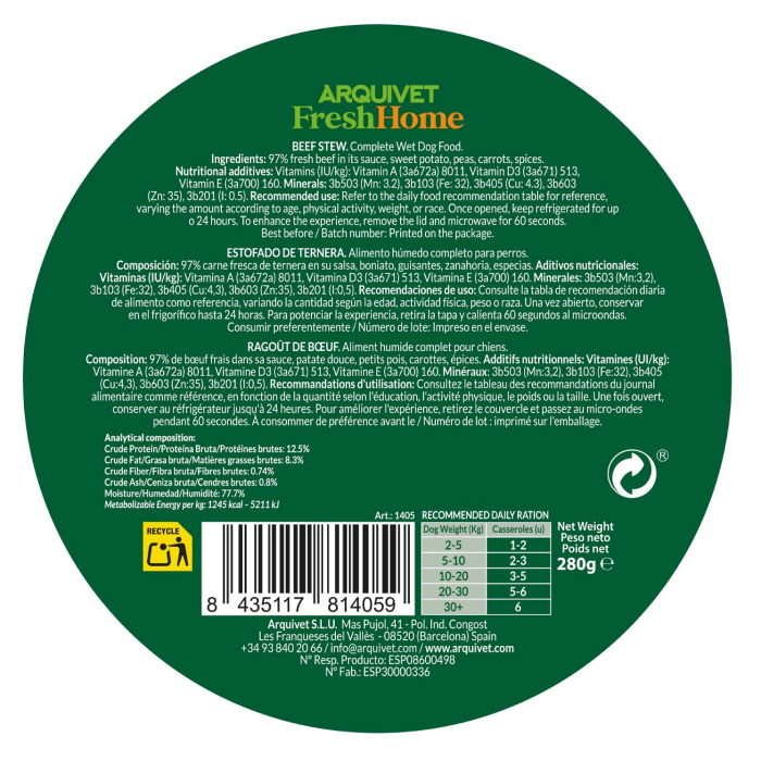 Arquivet Fresh Stew Kornfri Monoprotein Vådfoder til Hund, Okse, 280g, EU - Billede 3