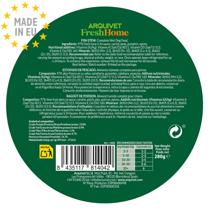 Arquivet Fresh Stew Kornfri Monoprotein Vådfoder til Hund, Tun, 280g, EU - Billede 3