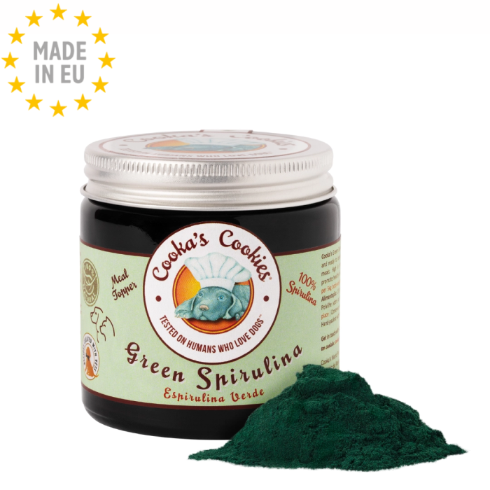 Green Spirulina Meal Topper Hundemad og Foder pynt til hund 100 % Naturligt Tilskud, Cooka's Cookies, EU