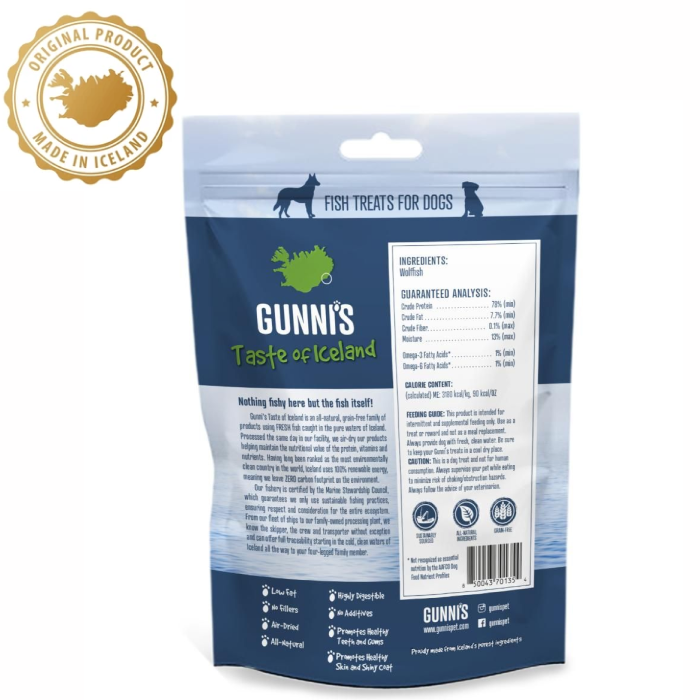Gunnis Wolffish Chewy Sticks, Hårde Tyggepinde Havkat 90g 3stk, EU - Billede 2