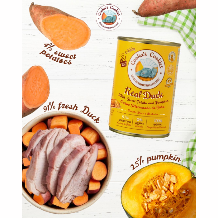 Real Duck - Naturlig Monoprotein Vådfoder til Hund, And & Græskar, 400g, Cooka's Cookies, EU