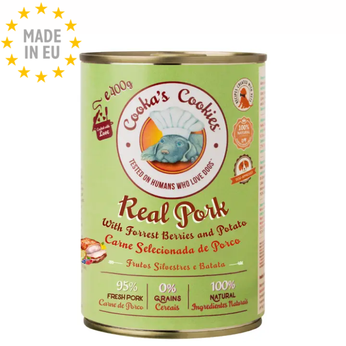 Real Pork - Naturlig Monoprotein Vådfoder til Hund, Svinekød, 400g, Cooka's Cookies, EU
