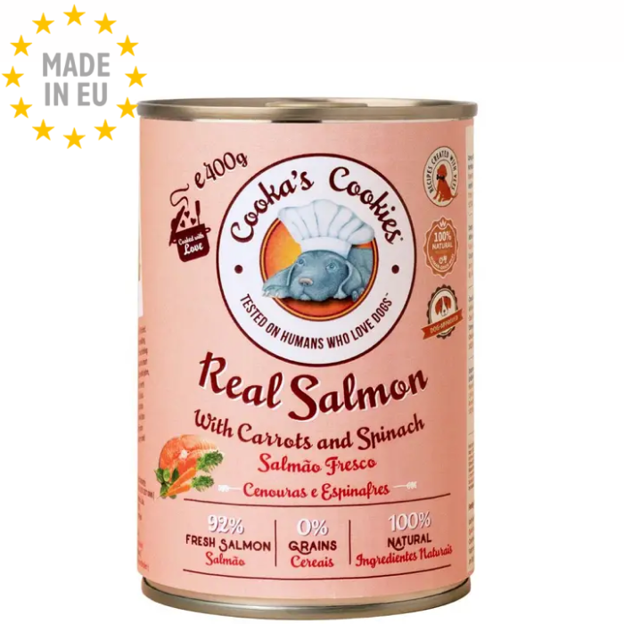 Real Salmon - Naturlig Monoprotein Vådfoder til Hund, Laks & Spinat, 400g, Cooka's Cookies, EU