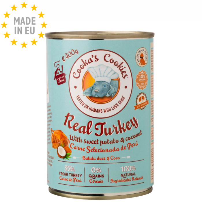 Real Turkey - Naturlig Monoprotein Vådfoder til Hund, Kalkun 400g, Cooka's Cookies, EU