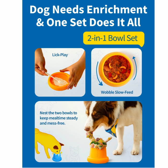 Chewise 2-i-1 Måltidsbowl & Slikkemåtte til Hund - Gul - Billede 5