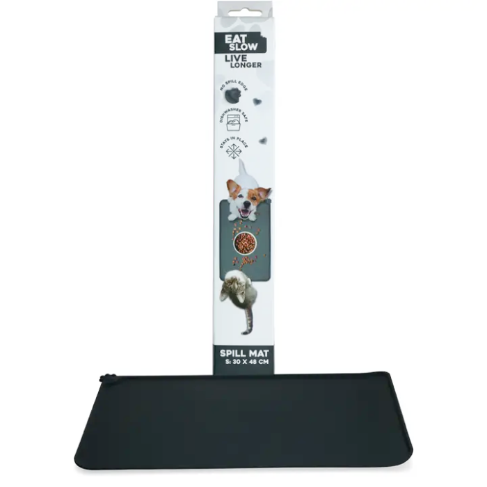 Eat Slow - Live Longer, Spildemåtte Hund & Kat 48 x 30 cm, Sort