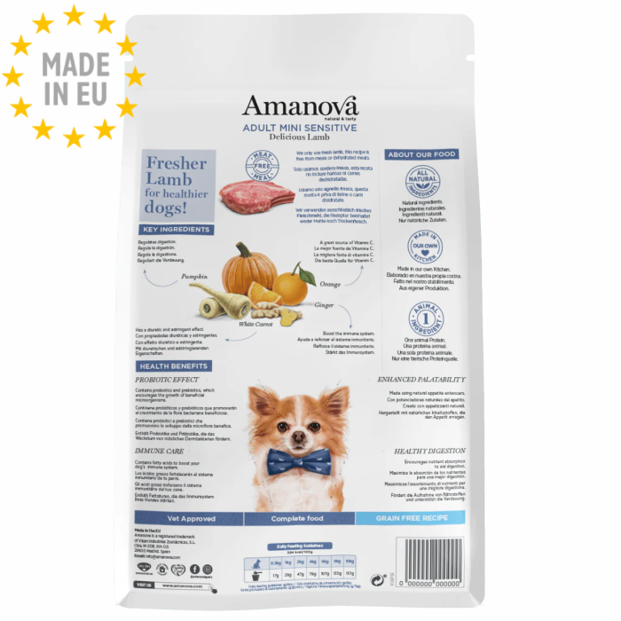 Amanova Mini Delicious Lam Sensitive- Kornfrit voksen hundefoder, EU