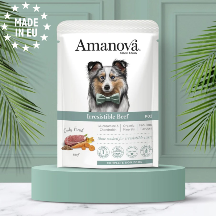 Amanova Saftig Okse Kornfrit vådfoder til voksne hunde 300g, EU