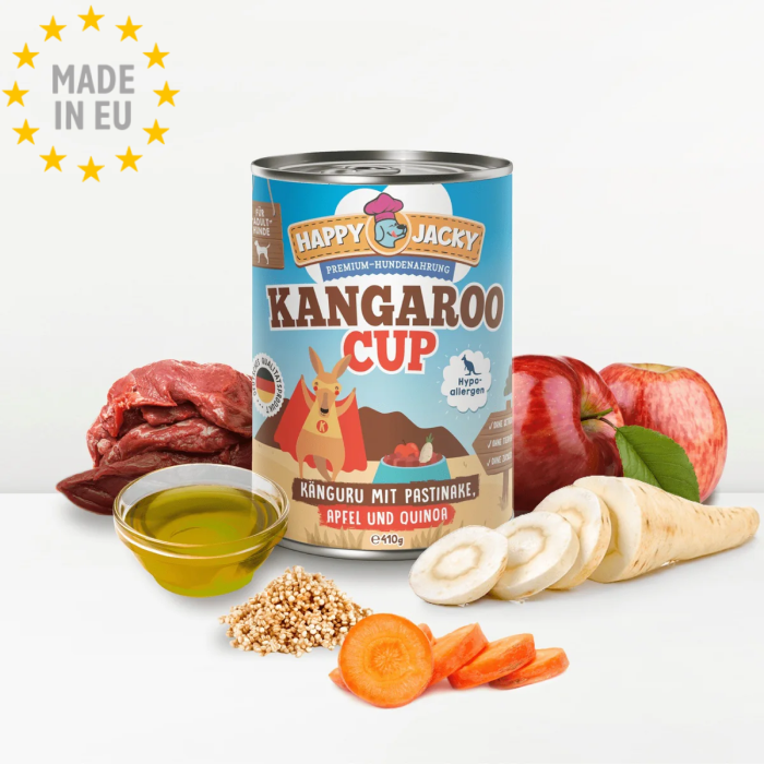 HAPPY JACKY Monoprotein Vådfoder GF til hund Kænguru 410g, EU