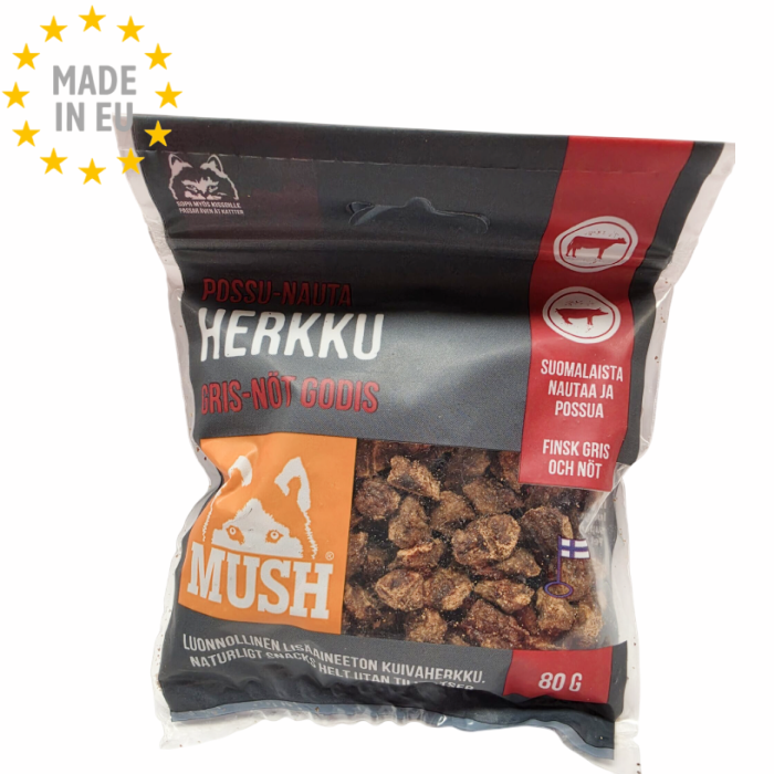 MUSH Tørret Okse/Gris 100 % Naturlige Godbid 80g EU