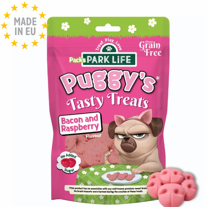 Park life - Puggy's Tasty Kornfri Godbid Bacon & Hindbær smag 80g , EU