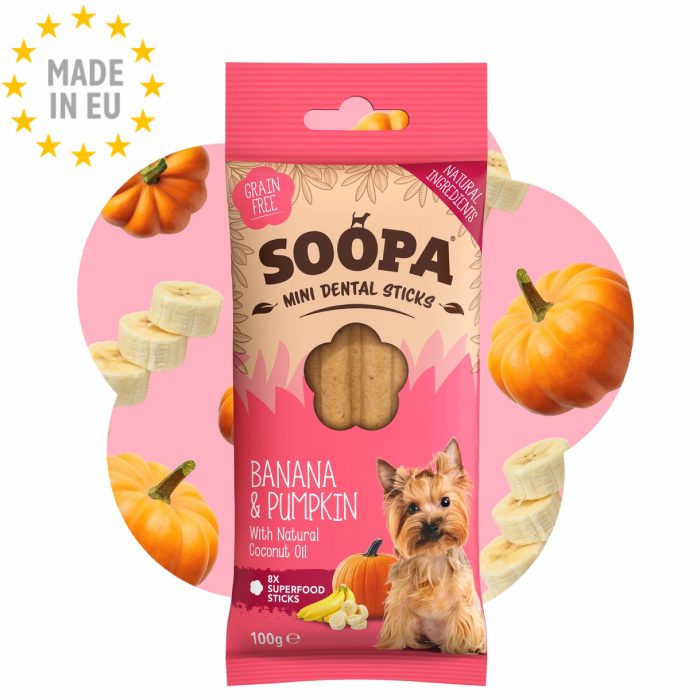 Soopa Dental Sticks Mini Banan & Græskar Vegansk, 100g (8x12,5g), EU